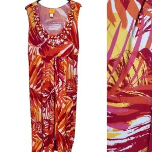 Ruby Rd Maxi Dress Womens 1X Orange Red Stretch Scoop Neck Sleeveless Beads